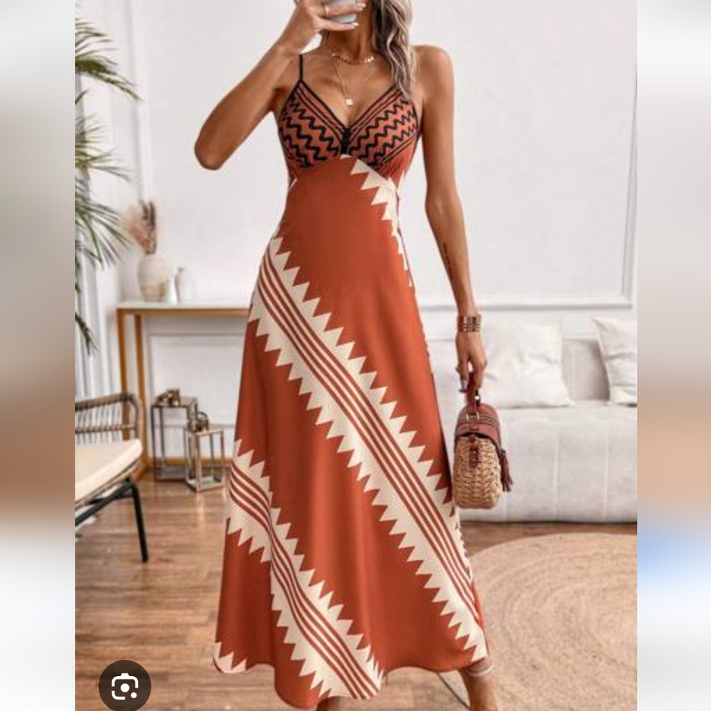 Strappy Rust-Cream Aztec Maxi Dress